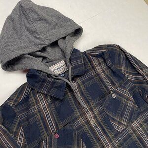 Flag & Anthem Hooded Flannel Shirt Men’s S Blue Green Plaid Waffle Knit Lined